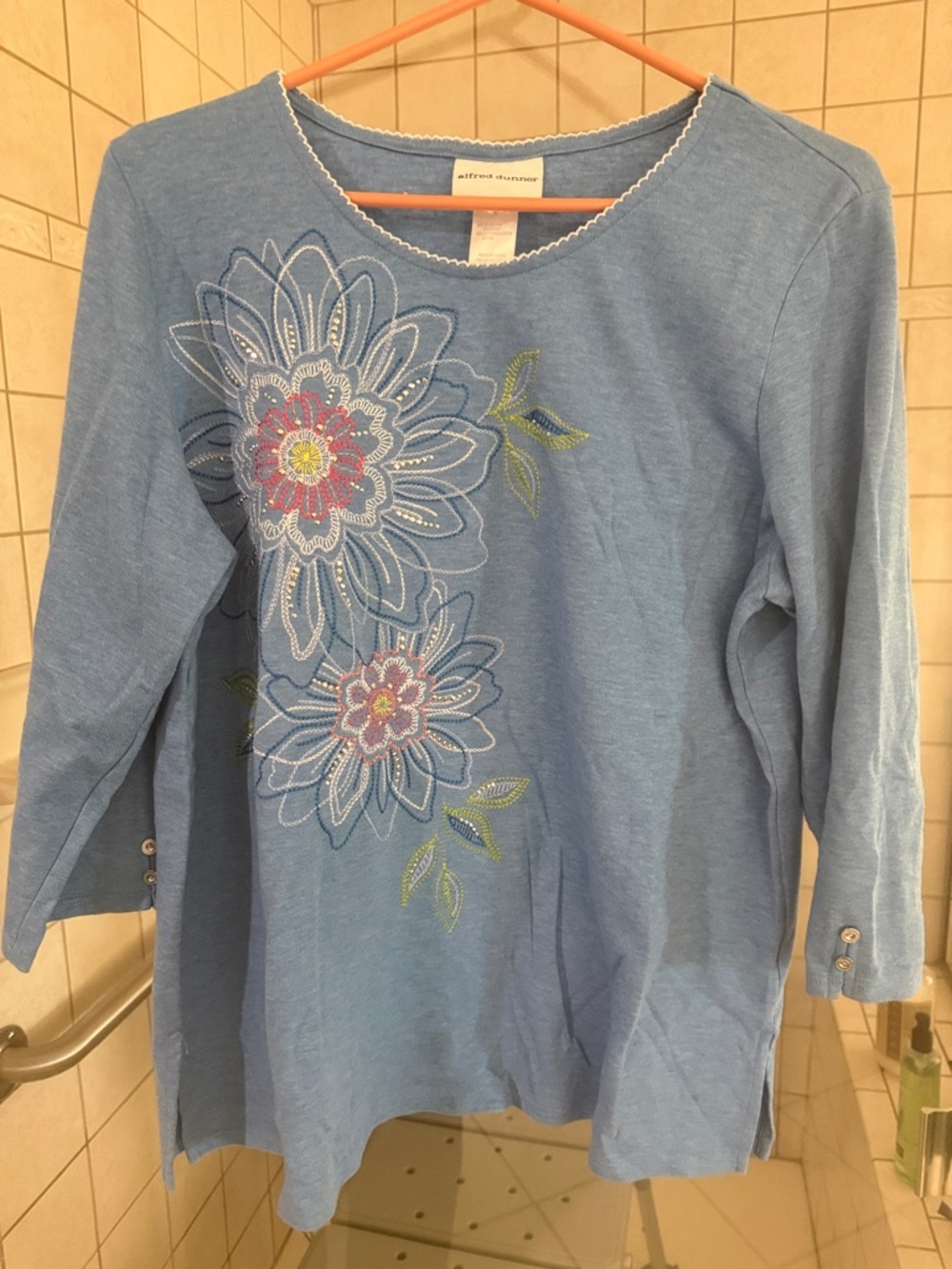 Alfred Dunner Light Blue Floral Embroidered Long Sleeve Tee